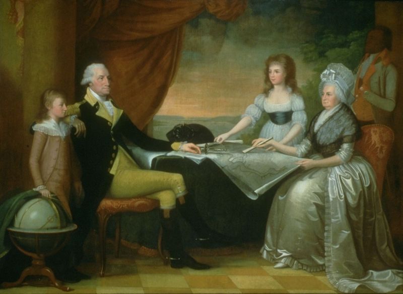 In this 1790 painting of George Washington and his family by Edward Savage, 
